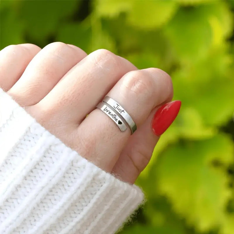 Silver Spiral Heart Ring – "Just Breathe" Engraved Stainless Steel Mindfulness Ring for Women
