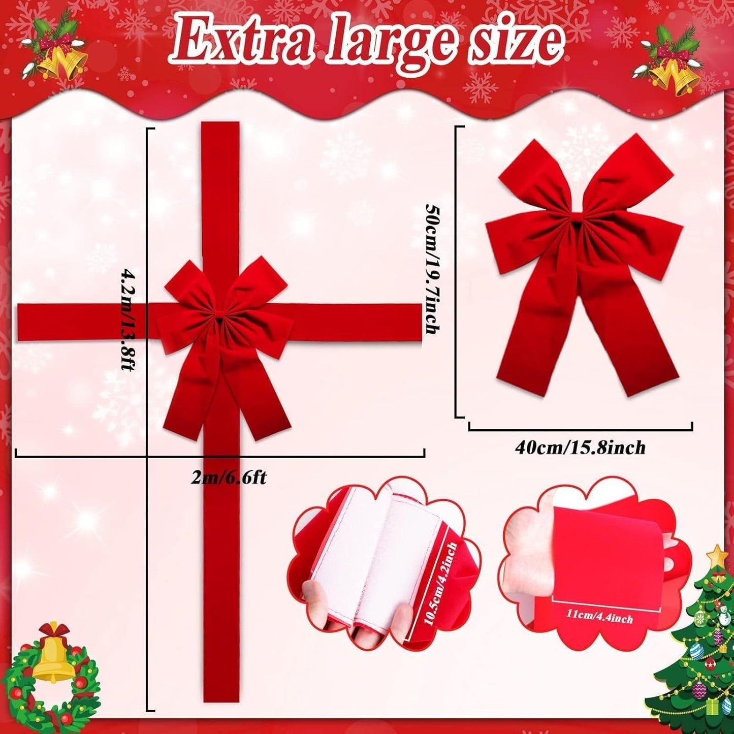 Christmas Door Hanging Bow Ribbon – Red Cloth Bow Decoration, 40x50cm with 2m & 4.2m Straps