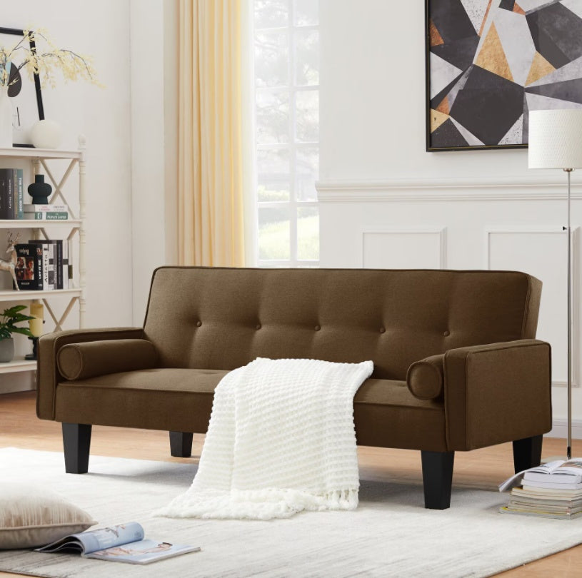Mid-Century Fabric Love Seat Sofa – Button Tufted, With Pillows, Living Room Couch