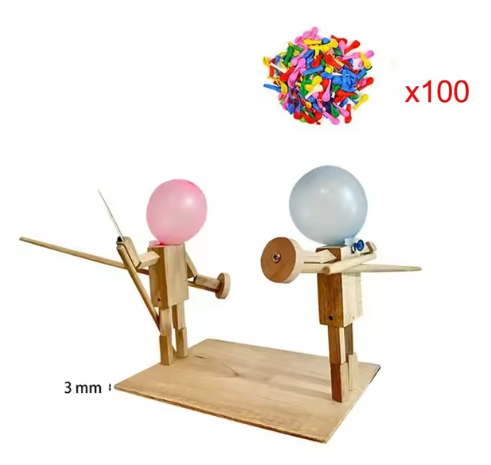 Handmade Wooden Fighter Puppets – Balloon Battle Game for 2 Players, Party & Family Fun