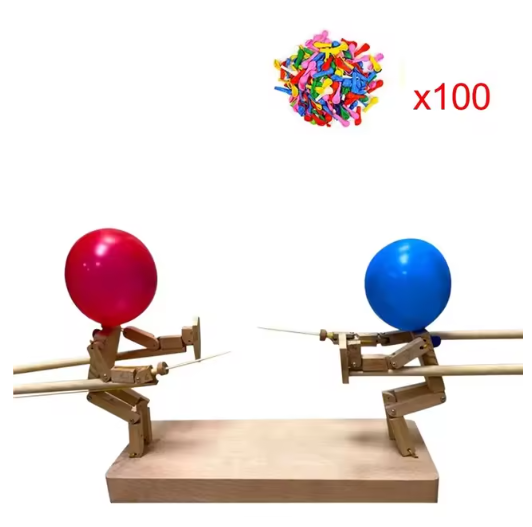 Handmade Wooden Fighter Puppets – Balloon Battle Game for 2 Players, Party & Family Fun