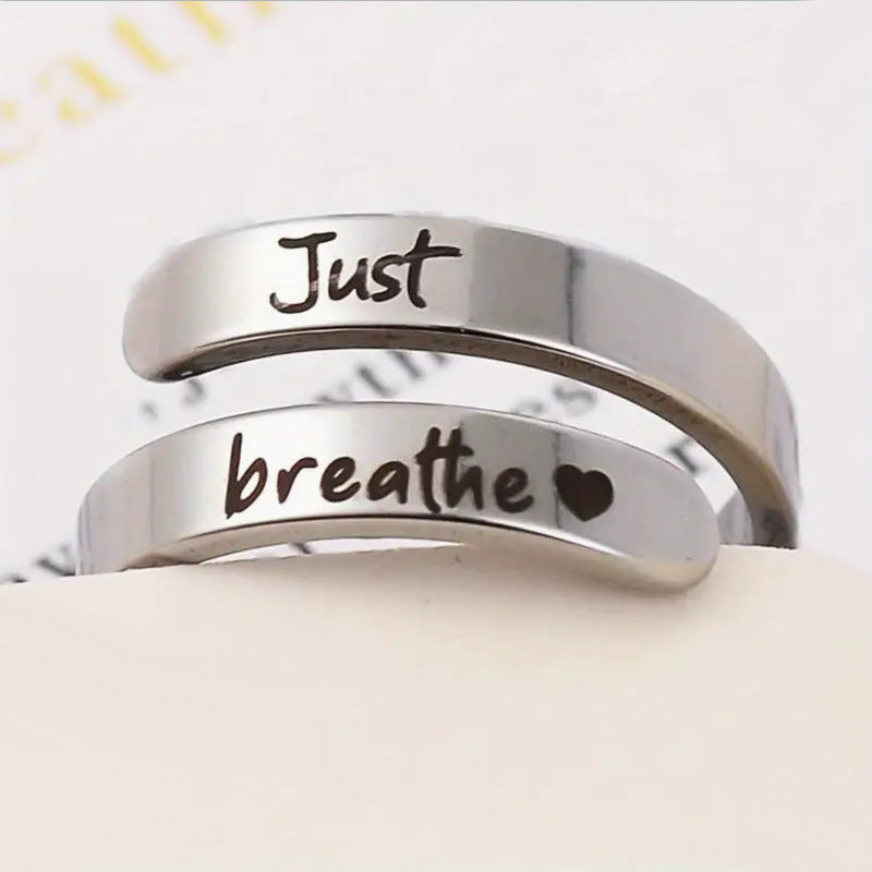 Silver Spiral Heart Ring – "Just Breathe" Engraved Stainless Steel Mindfulness Ring for Women