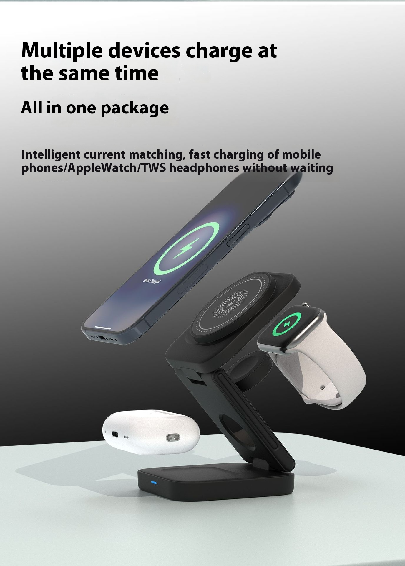 3-in-1 Foldable Wireless Charging Station – 30W MagSafe Compatible for iPhone, Apple Watch & AirPods