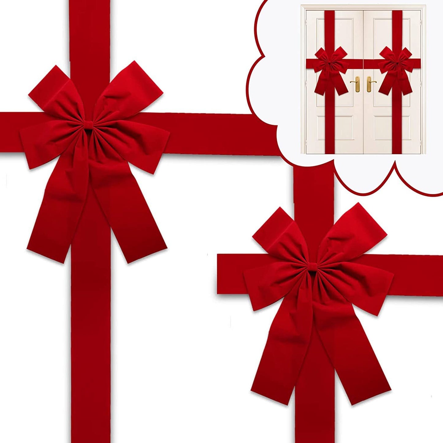 Christmas Door Hanging Bow Ribbon – Red Cloth Bow Decoration, 40x50cm with 2m & 4.2m Straps