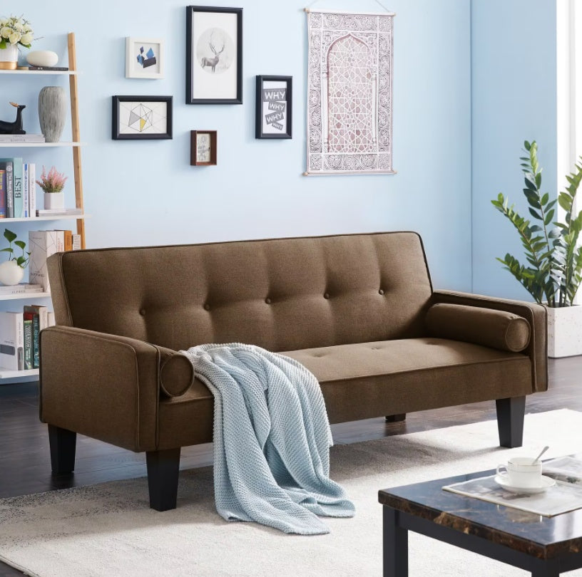Mid-Century Fabric Love Seat Sofa – Button Tufted, With Pillows, Living Room Couch