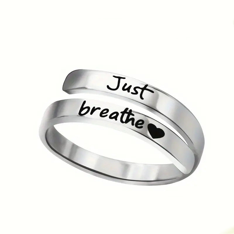 Silver Spiral Heart Ring – "Just Breathe" Engraved Stainless Steel Mindfulness Ring for Women