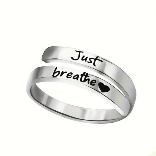Silver Spiral Heart Ring – "Just Breathe" Engraved Stainless Steel Mindfulness Ring for Women