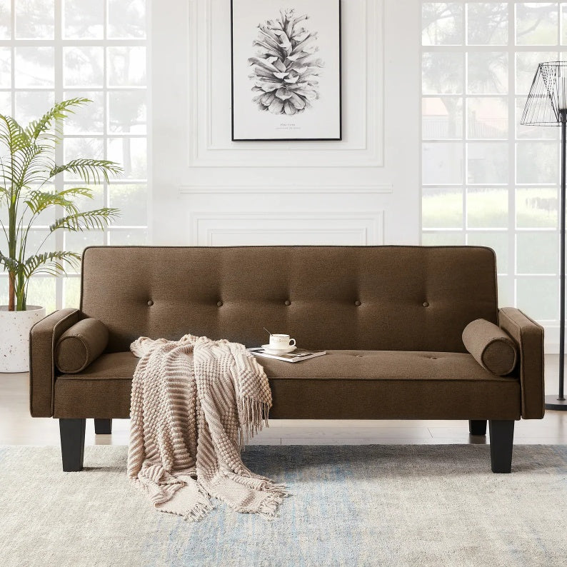 Mid-Century Fabric Love Seat Sofa – Button Tufted, With Pillows, Living Room Couch
