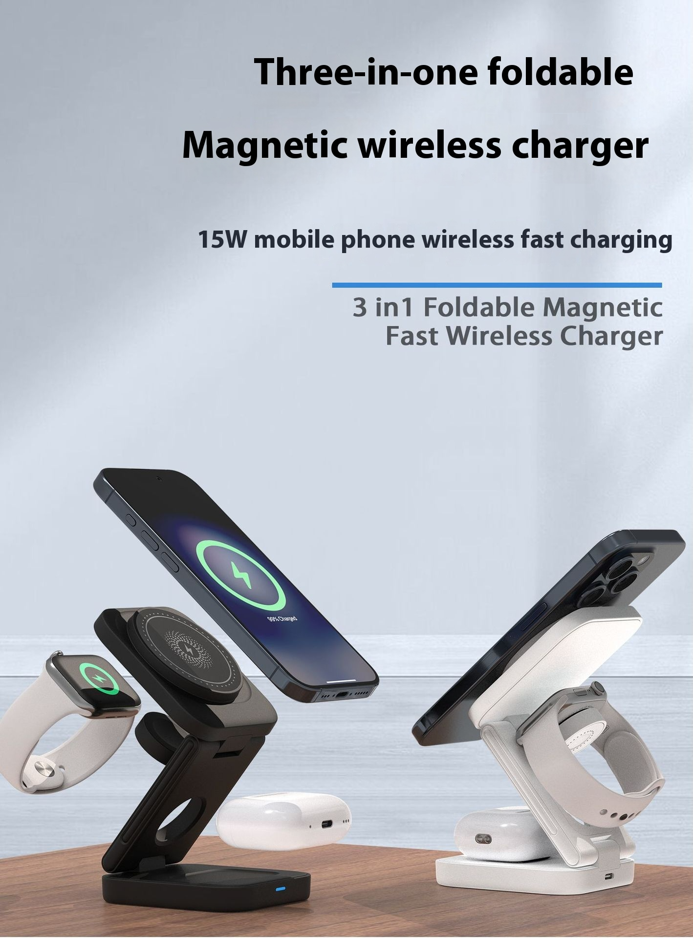 3-in-1 Foldable Wireless Charging Station – 30W MagSafe Compatible for iPhone, Apple Watch & AirPods